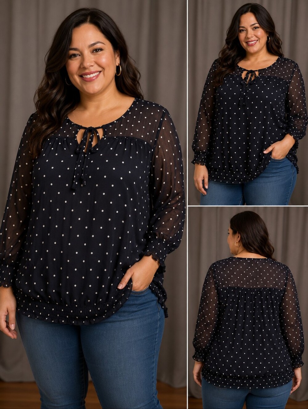 🍋 INC Navy Blue & White Polka Dot Mesh Top Size: Large